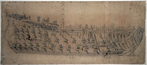 Muotokuva vuonna 1670 rakennetusta London-aluksesta, joka oli 96 tykillä varustettu ensimmäisen luokan alus. Piirustus ja karkaisu noin vuonna 1676, tekijä Willem van de Velde l