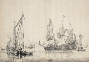 Purjeveneitä ja hollantilainen fregatti kuivaamassa purjeitaan. Piirros ja pesu (26x37 cm), William van de Velde l