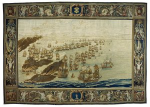 Mortlake-gobeliini (Lontoon alue, Englanti) kuvaa "Royal James" -aluksen tulipaloa Solebayn taistelun aikana 28. toukokuuta.