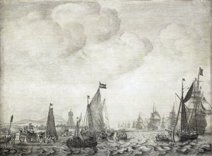 Kauppalaivat ja niiden saattue, jotka lähtevät Vliestä (tai Vliestroomista), Vlielandin ja Treschellingin (Alankomaat) saarten väliseltä merireitiltä, 9. kesäkuuta 1645. tekijältä Willem van de the Elder Velde