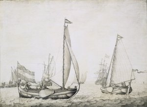 Kaksi hollantilaista alusta alussa, luultavasti Amsterdamin satamassa (Alankomaat). Willem van de Velden (1611-1693) Grisaille-maalaus puulle, noin 1660. tekijältä Willem van de the Elder Velde