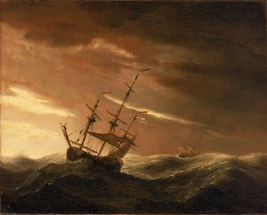Englantilainen laiva, joka makaa myrskyssä, 1600-luvun loppupuoli (öljy kankaalle).