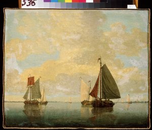Purjeveneet. Willem van de Velde nuoremman maalaus (1633-1707). Öljy kankaalle, 24,5 x 32,5 cm, 1600-luvun loppu. Flanderin taidetta, barokkityyliä. Eremitaaši, Pietari.