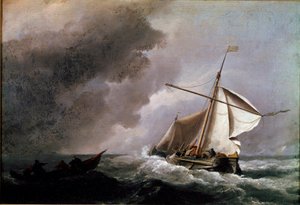 Hollantilainen laiva laskee purjeita odottamassa pelastusvenettä Willem Van de Velden maalaus nuori (1633-1707) 1660 Su. 23,2x33,2 cm Lontoo, Kansallisgalleria