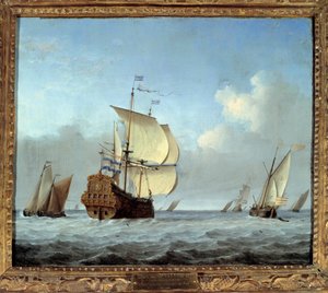 Laivasto lippulaivan kanssa Willem Van de Velde II le Jeunen (1633-1707) maalaus 1600-luvun su. 0,35x0,42 m