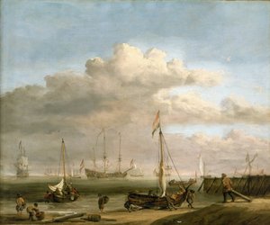 Alankomaiden rannikko Marsdiepiin ja Den Helderiin, jossa on kalastusaluksia. Öljyä kankaalle, noin 1690, tekijä Willem van de Velde (1633-1707).