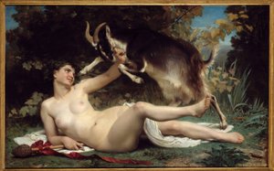 Bacchante Häntä edustaa vuohi. William Adolphe Bouguereaun (1825-1905) maalaus 1862 su. 1,15 x 1,85 m Bordeaux, Musee des Beaux Arts tekijältä William Adolphe Bouguereau