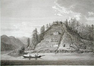 Ystävällisten intiaanien kylä Buten kanavan suulla, kaiverrus J. Landseer, n. 1790-1799 (kaiverrus) tekijältä William (after) Alexander