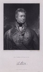 Sir Thomas Picton, walesilainen kenraali Napoleonin sodista, kuoli Waterloon taistelussa (kaiverrus) tekijältä William (after) Beechey