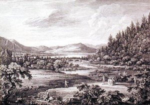 Näkymä Ullswaterista kohti Pooleyn siltaa, kaiverrus Chatelin ja Cannot (kaiverrus) tekijältä William (after) Bellers