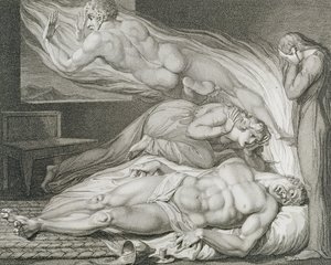 Vahvan pahan miehen kuolema, s. 6, kuvitus William Blaken (1757-1827) teoksesta "The Grave, A Poem", kaiverrus Luigi Schiavonetti (1765-1810) tekijältä William (after) Blake