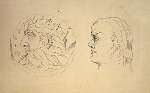 Nebukadnessarin kolikon kääntöpuoli ja Syövän pää, J. Varleyn "Treatise on Zodiacal Physiognomy", kaiverrettu John Linell tekijältä William (after) Blake