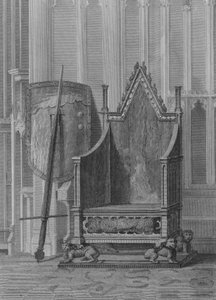 Englannin suvereenien kruunajaistuoli, Edward Kolmannen valtion kilven ja miekan kanssa, Westminster Abbey (kaiverrus) tekijältä William (after) Capon