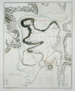 Troijan kaupungin suunnitelma teoksesta "Troijan ja sen lähialueen topografia", kaivertanut Thomas Medland (1755-1823), julkaistu 1804 (värikaiverrus) tekijältä William (after) Gell