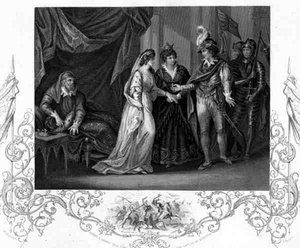 Troyen sopimuksen tekeminen, William Shakespearen (1564-1616) kirjassa Henry V, J. Rogersin kaiverrus (kaiverrus)