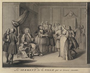 Nainen vannomassa lapsen haudalle kansalaiselle (kaiverrus) tekijältä William (after) Hogarth