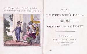 Kuvitettu etulevy William Roscoen (1753-1831) lastenkirjasta "Perhosten pallo ja heinäsirkkajuhla"