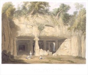 Bombayn lähellä sijaitsevan Elephantan suuren luolatemppelin ulkoasu vuonna 1803, teoksen "Scenery, Costumes and Architecture of India" (Intian maisemat, puvut ja arkkitehtuuri) niteestä II, kaiverrettu S.G. Hughes, julkaisija Smith, Elder and Company. tekijältä William (after) Westall