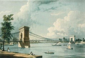 Riippusilta, Hammersmith, Ackermannin teoksesta "Lontoon mikrokosmos", kaiverrus J. Baily tekijältä William (after) Westall