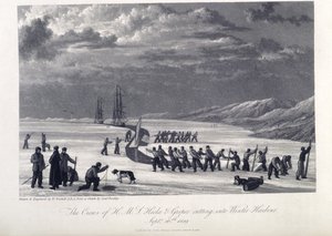 Miehistö H.M.S. Hecla ja Griper leikkaamassa talvisatamaan, 26. syyskuuta 1819, kuva julkaisusta "Journal of a Voyage for the Discovery of Luoteisväylä Atlantilta Tyynellemerelle..." tekijältä William (after) Westall