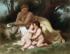 Nuori nainen miettii kaksi syleilevää lasta tekijältä William Adolphe Bouguereau