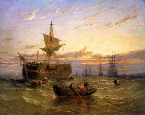 Brittiläinen Itä-Intian kauppalaiva Thamesilla (Englanti). William Adolphus Knellin (1802-1875) öljy kankaalle.