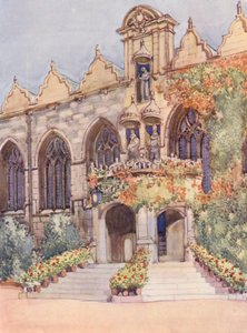 Oriel College Hallin sisäänkäynti, jossa Neitsyt ja lapsi, Edward II, collegeen nimellisesti perustaja, ja Kaarle I, jonka valtakaudella sali rakennettiin (värilitografia).