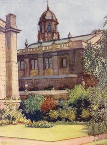 Sheldonian-teatteri ja Bodleian-kirjasto rehtorin puutarhasta, Exeter College (värilitografia). tekijältä William Ainsworth Wildman