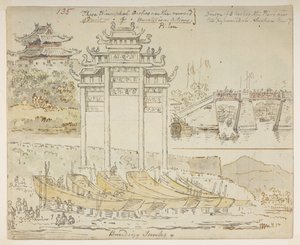 135 Roskakoria rakennetaan lähelle riemukaaria. "Nämä voittokaaret ovat ansioiden tai ansioisten tekojen palkinto. 3 kaaren silta. Laiturit ovat liian pyramidimuotoisia. Suchew [Soochow]. 7. marraskuuta, albumista, jossa on 372 piirustusta maisemista, rann tekijältä William Alexander