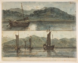 146v River kohtaus. "Moonlight 17. marraskuuta."  , albumista, jossa on 372 piirustusta maisemista, rannikoista, pukuista ja arjesta, jotka on tehty Lord Macartneyn Kiinan keisarin suurlähetystön aikana vuosina 1792–1794 (kynä ja akvarelli paperille) tekijältä William Alexander