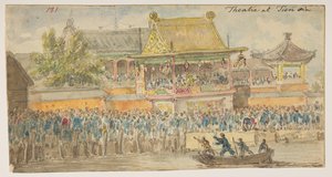 181 "Theatre at Tien sin."  , albumista, jossa on 372 piirustusta maisemista, rannikoista, pukuista ja arjesta, jotka on tehty Lord Macartneyn Kiinan keisarin suurlähetystön aikana vuosina 1792–1794 (kynä ja akvarelli paperille) tekijältä William Alexander