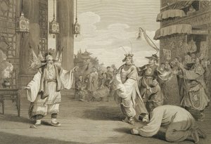 Kohtaus historiallisessa näytelmässä, joka on näytteillä kiinalaisella näyttämöllä, kaiverrettu James Heathin (1757-1834) pubin toimesta. kirjoittanut G. Nicol, 1796 tekijältä William Alexander