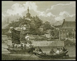 Näkymä keisarillisen palatsin puutarhaan, Peking, yksityiskohta, kaiverrus Samuel Smith, pubi. kirjoittanut G. Nicol, 1796 tekijältä William Alexander