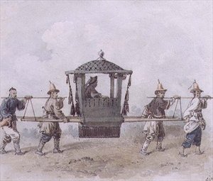 Kiinan palvelijat kantavat palankiinin (akvarelli)