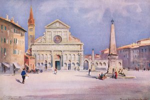 Piazza S. Maria Novella, Firenze, Hutchinsonin maalauksellisesta Euroopasta, julkaisija Hutchinson & Son, n. 1930 (värilitho) tekijältä William Alister Macdonald