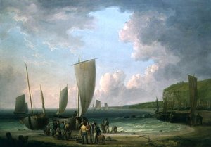 Rannikkomaisema, jossa kalastajat purkavat tekijältä William Anderson
