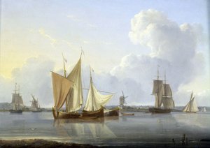 Saapuminen Limehouseen, Lontooseen (Englanti), useita veneitä Thamesilla ja mylly rannalla, oikealla Greenwichin sairaala. William Andersonin (1750-1778) öljy kankaalle, noin 1820. tekijältä William Anderson