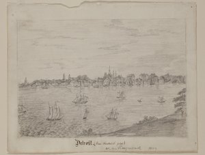 Detroit, n. 1837 (grafiittikynä valkoisella kudottupaperilla) tekijältä William Asa Raymond