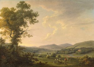 Maisema heinäntekijöiden kanssa ja kaukainen näkymä Yrjöjen aikaiseen taloon, n. 1780 (öljy kankaalle)