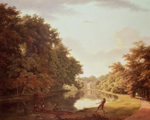 Punt Clodiagh-joen varrella Charleville Forestissa, Offaly Castellated Farmin ja Gothick Dairyn takana, n. 1810