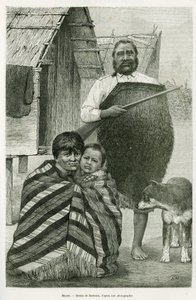 Kolme sukupolvea maoreja. Barbotinin kaiverrus, joka kuvittaa G.Verschuurin vuonna 1889 kirjoittamaa kertomusta Voyage a la Nouvelle Zelande, teoksessa le tour du monde 1890, jonka on suomentanut Edouard Charton (1807-1890), Hachette, Pariisi. tekijältä William Barbotin