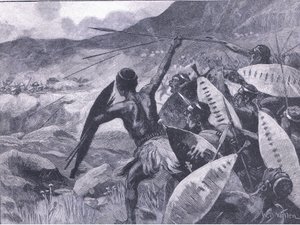 Taistelut Matopos-kukkuloilla: Matabelen panos, kuva Cassells History of Englandista, 1900-luku tekijältä William Barnes Wollen