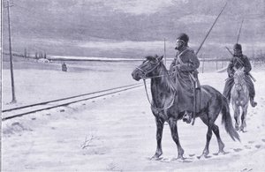 Rautatien vartiointi Mukdenin lähellä, kuvitus teoksesta Cassells History of the Russo-Japanese War Vol. 1, n. 1900. tekijältä William Barnes Wollen