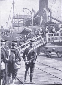Japanilaiset joukot lähtevät Kobeen, kuva Cassellsin Venäjän ja Japanin sodan historiasta Vol 1, n. 1900 tekijältä William Barnes Wollen