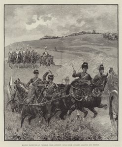 Sotilasliikkeet Frenshamissa, lähellä Aldershotia, Royal Horse Artillery laukkaa asemaan tekijältä William Barnes Wollen