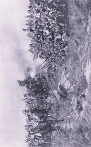 28. Gloucesterin rykmentti vastaanottaa ranskalaisen ratsuväen Waterloossa 18. kesäkuuta 1815, kuva brittiläisistä taisteluista maalla ja merellä, 1915 tekijältä William Barnes Wollen