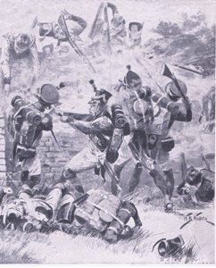 Hyökkäys muuriin Hougomontissa: Waterloo 1815, kuvitus brittiläisistä taisteluista maalla ja merellä, 1915 tekijältä William Barnes Wollen