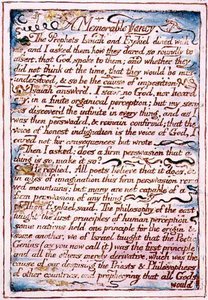 Muistettava mielikuvitus, teksti "Taivaan ja helvetin avioliitosta", n. 1790-3 (reliefietsaus viimeistelty kynällä ja akvarellilla) tekijältä William Blake