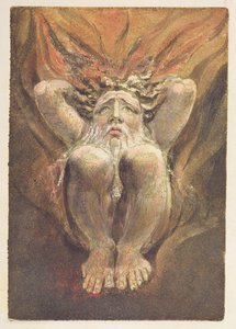 "Alastoma mies kyyristyi liekeissä, kädet päänsä takana", levy 21 julkaisusta "The First Book of Urizen" tekijältä William Blake