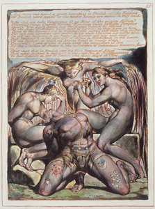 "And There Was Heard...", levy 25 Jerusalemista, 1804-20 (reliefietsaus painettu oranssilla kynällä ja wc:llä paperille) tekijältä William Blake